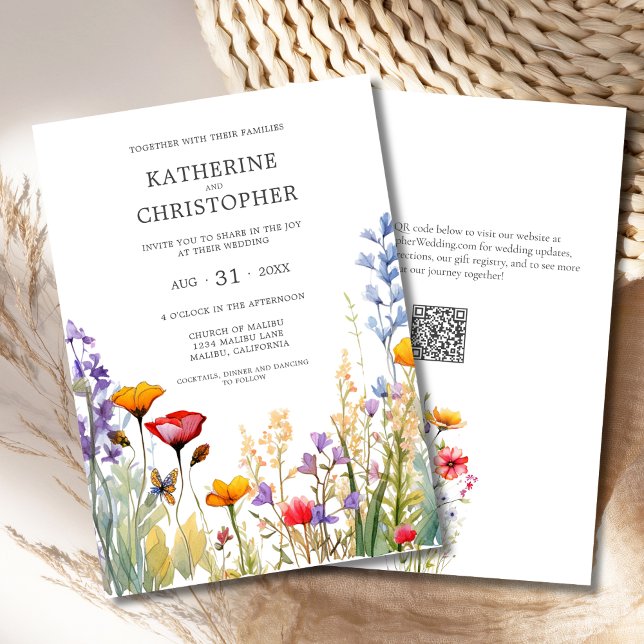 Elegant Colourful Wildflowers Wedding Invitation (Elegant Colorful Wildflowers Wedding Invitation with QR Code, Orange, Red, Purple Flowers.)