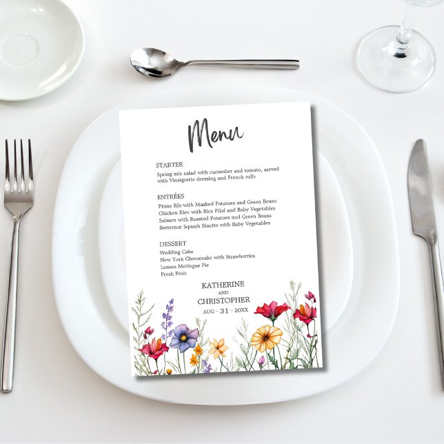 Elegant Colourful Wildflowers Wedding Menu (Elegant Colorful Watercolor Wildflowers Wedding Menu with Menu Options, Pink Purple Yellow Flowers.)