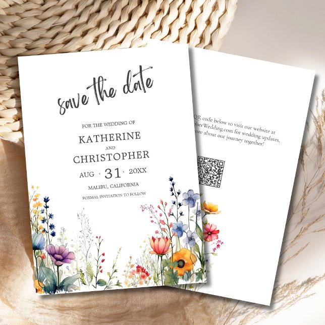 Elegant Colourful Wildflowers Wedding Save The Date (Elegant Colorful Watercolor Wildflowers Wedding Save the Date with QR Code, orange, pink, purple)