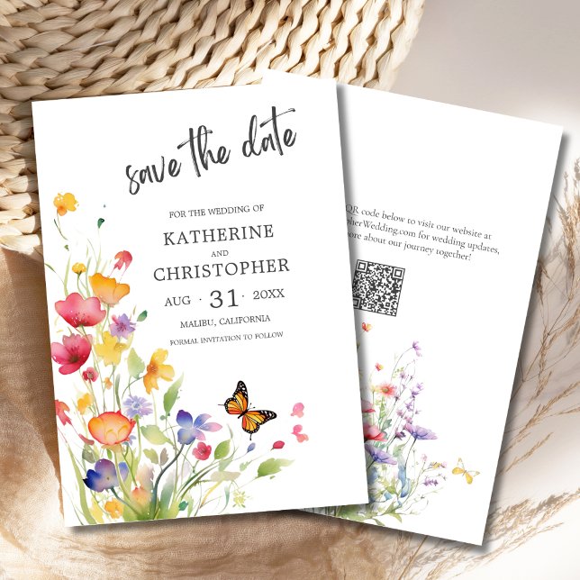 Elegant Colourful Wildflowers Wedding Save The Date (Elegant Colorful Wildflowers Wedding Save the Date with QR Code, Pink, Orange, Purple Flowers.)