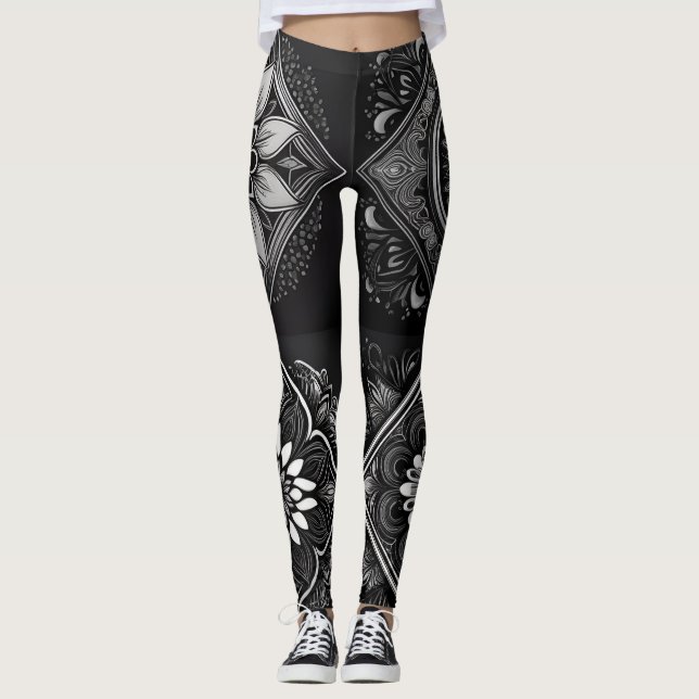 Elegant Comfort: Black and White Mandala Leggings (Front)