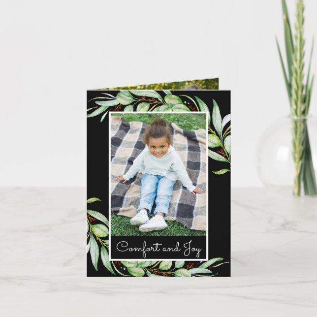 Elegant Comfort & Joy Greenery Photo Christmas Holiday Card (Front)