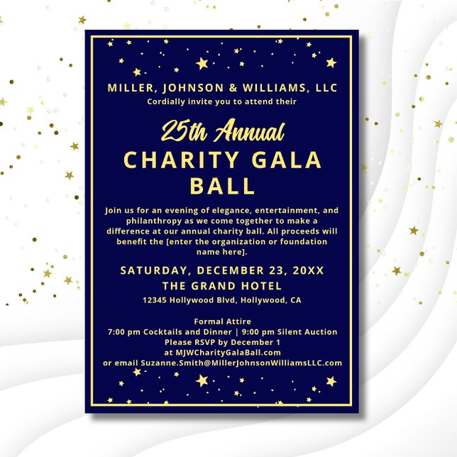 Elegant Company Charity Gala Ball Blue Gold Invitation (Elegant Charity Gala Ball Invitation, budget version with gold ink, dark blue background with stars.)