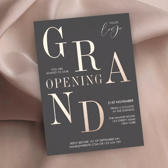 Elegant Company Launch Party Logo Grey & Rose Gold (Luxurious grey and rose gold foil business launch event invitations)