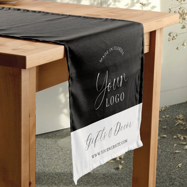 Elegant Company Logo Branded Trade Show Black Short Table Runner (Elegant business logo table runner in black and white featuring elegant calligraphy script)