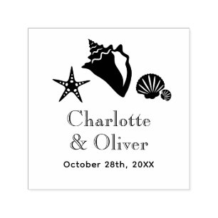 Elegant Conch Starfish Seashells Couple Names Date Self-inking Stamp