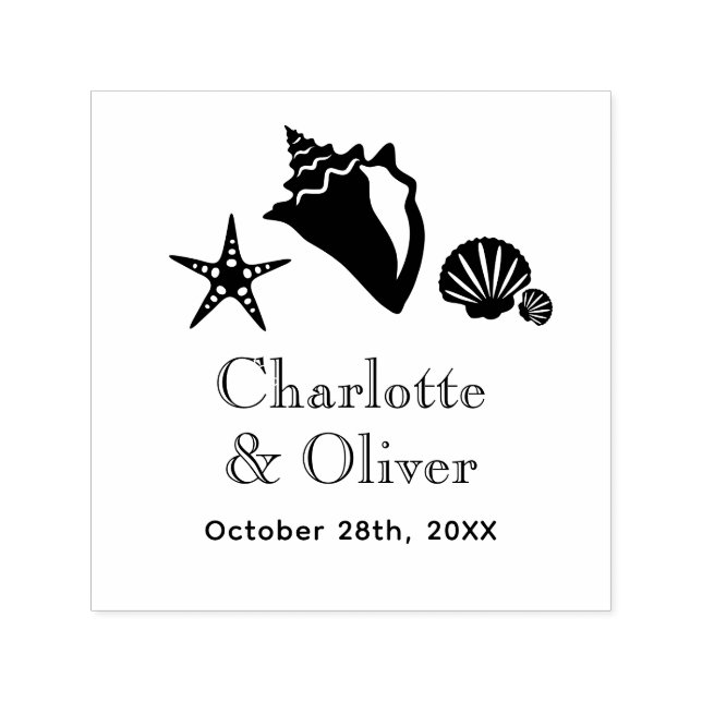 Elegant Conch Starfish Seashells Couple Names Date Self-inking Stamp (Design)