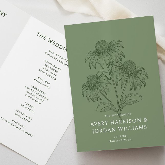 Elegant Coneflower Botanical Sage Green Wedding Program (Creator Uploaded)