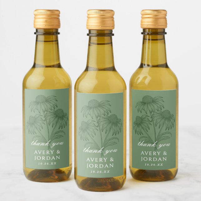 Elegant Coneflower Floral Sage Green Wedding Favou Wine Label (Bottles)