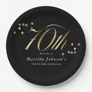 Elegant Confetti Black and Gold 70th Birthday Paper Plate