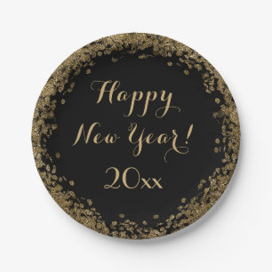 Elegant Confetti Black and Gold Happy New Year Paper Plate