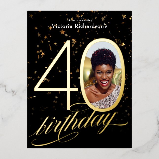 Elegant Confetti Black Gold Photo 40th Birthday  Foil Invitation Postcard (Front)