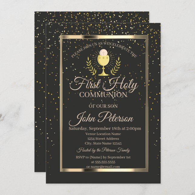 Elegant Confetti,Chalice First Holy Communion Invitation (Front/Back)