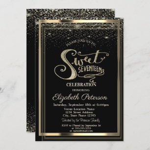 Elegant Confetti Gold Frame Sweet 17 Birthday Invitation
