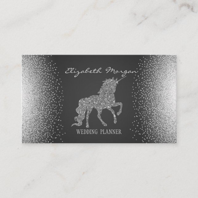 Elegant Confetti Grey, SilverGlitter Unicorn Business Card (Front)