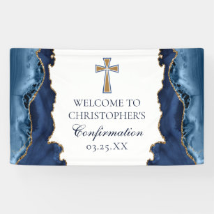 Elegant Confirmation Cross Navy Blue Gold Agate Banner