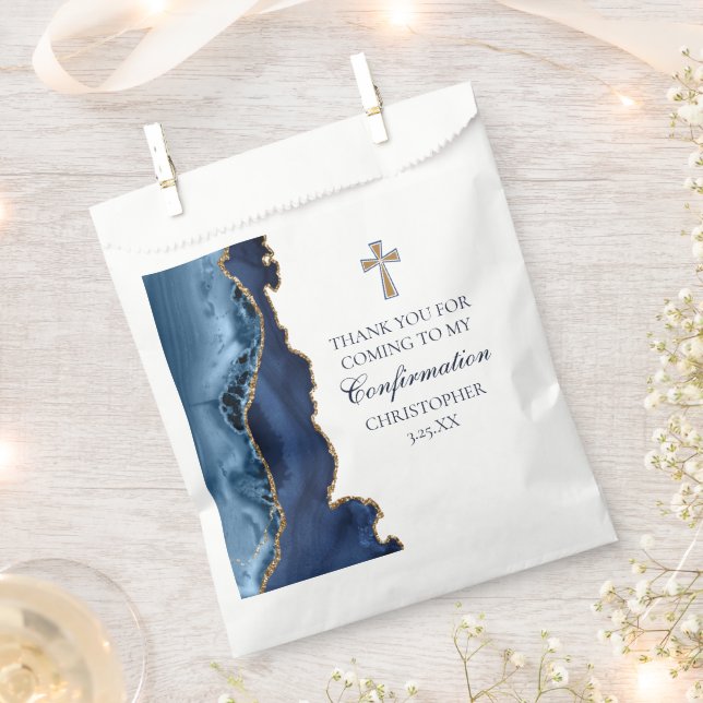 Elegant Confirmation Cross Navy Blue Gold Agate Favour Bag (Clipped)
