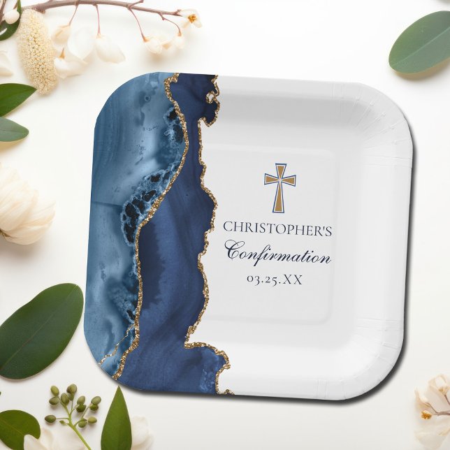 Elegant Confirmation Cross Navy Blue Gold Agate Paper Plate (Creator Uploaded)