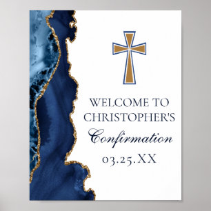 Elegant Confirmation Cross Navy Blue Gold Agate Poster