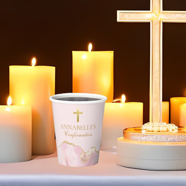 Elegant Confirmation Cross Pink Gold Agate Party Paper Cups (Creator Uploaded)