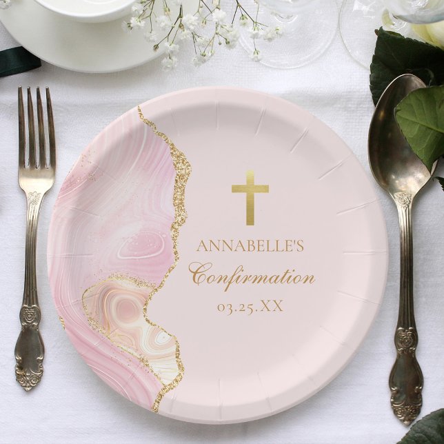 Elegant Confirmation Cross Pink Gold Custom Party Paper Plate (Creator Uploaded)