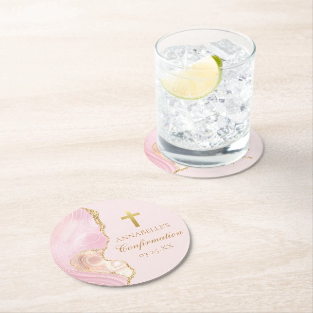 Elegant Confirmation Cross Pink Gold Custom Party Round Paper Coaster (Insitu)