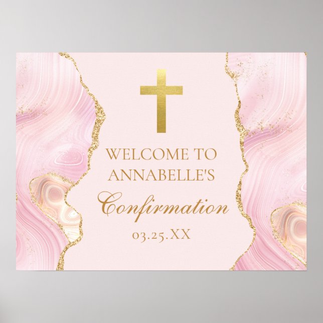 Elegant Confirmation Cross Pink Gold Welcome Party Poster (Front)