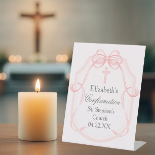 Elegant Confirmation Party Pink Bow Ribbon Pedestal Sign