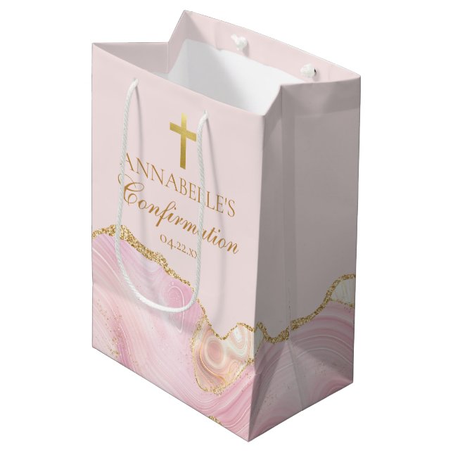 Elegant Confirmation Party Pink Gold Personalised Medium Gift Bag (Front Angled)