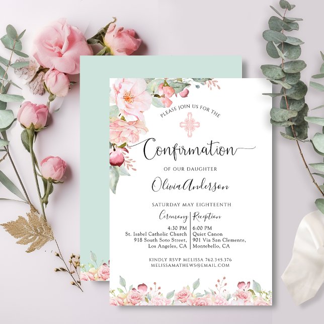 Elegant Confirmation Rose Gold, Mint Floral Invitation (Creator Uploaded)
