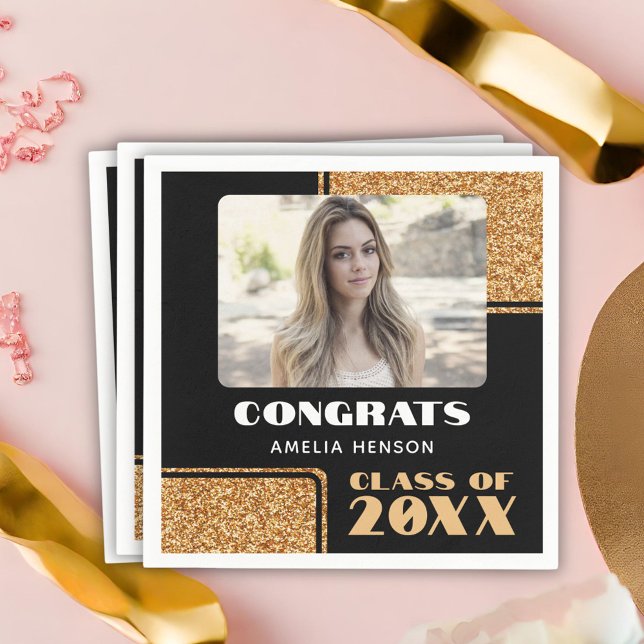 Elegant Congrats Graduate Gold Glitter Photo   Napkin (Creator Uploaded)