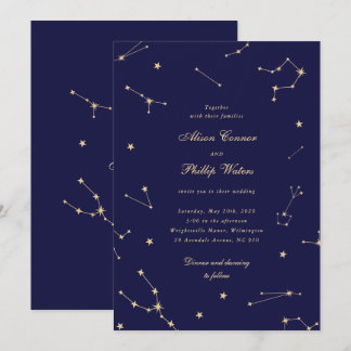 Elegant Constellation Blue And Gold Wedding Invitation