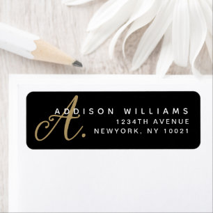 Elegant Contemporary Black Gold Script Monogram Return Address Label