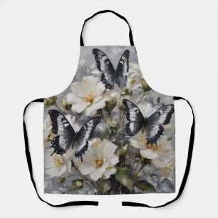 "Elegant Contrast: Black And White Butterflies Apron
