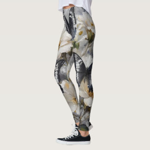 "Elegant Contrast: Black And White Butterflies Leggings