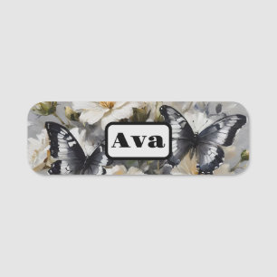 "Elegant Contrast: Black And White Butterflies Name Tag
