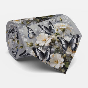 "Elegant Contrast: Black And White Butterflies Tie