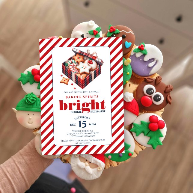 Elegant Cookie Exchange Party Blue Red Invitation (Baking spirits bright cookie exchange party invitation front view.)