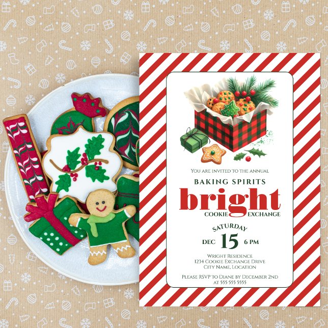 Elegant Cookie Exchange Red Green Party Invitation (Elegant cookie exchange, in red and green colors, party invitation front view.)
