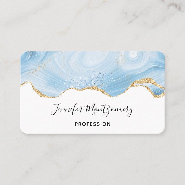 Elegant Cool Blue Agate and Gold Glitter Border Business Card (Front)