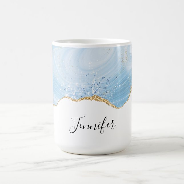 Elegant Cool Blue Agate and Gold Glitter Border Coffee Mug (Center)