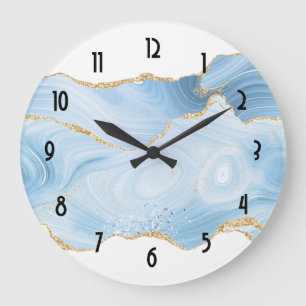 Elegant Cool Blue Agate and Gold Glitter Border Large Clock