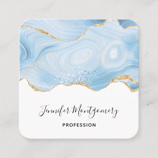 Elegant Cool Blue Agate and Gold Glitter Border Square Business Card (Front)