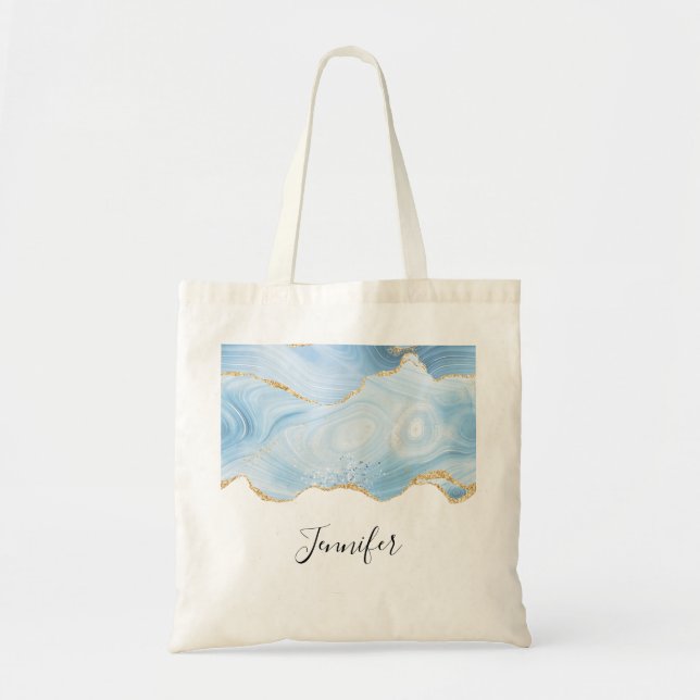 Elegant Cool Blue Agate and Gold Glitter Border Tote Bag (Front)