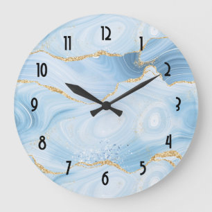 Elegant Cool Blue Agate and Gold Glitter Large Clock