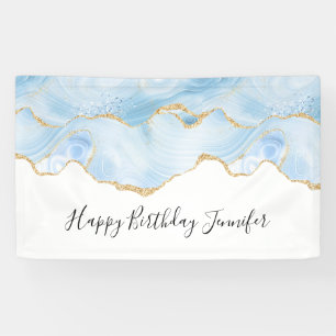 Elegant Cool Blue Agate and Gold Glitter Ribbon Banner