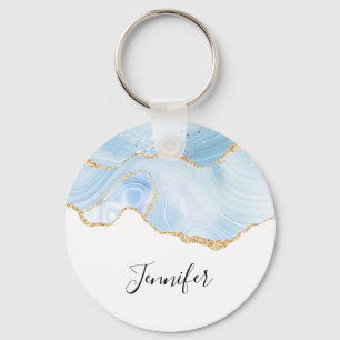 Elegant Cool Blue Agate and Gold Glitter Ribbon Key Ring