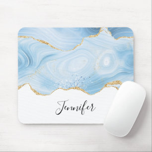  Elegant Cool Blue Agate and Gold Glitter Ribbon Mouse Pad