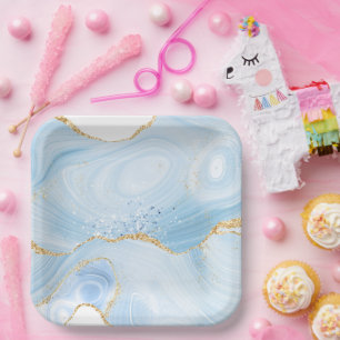 Elegant Cool Blue Agate and Gold Glitter Ribbon Paper Plate