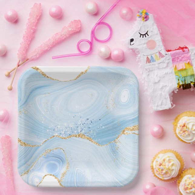 Elegant Cool Blue Agate and Gold Glitter Ribbon Paper Plate (Party)